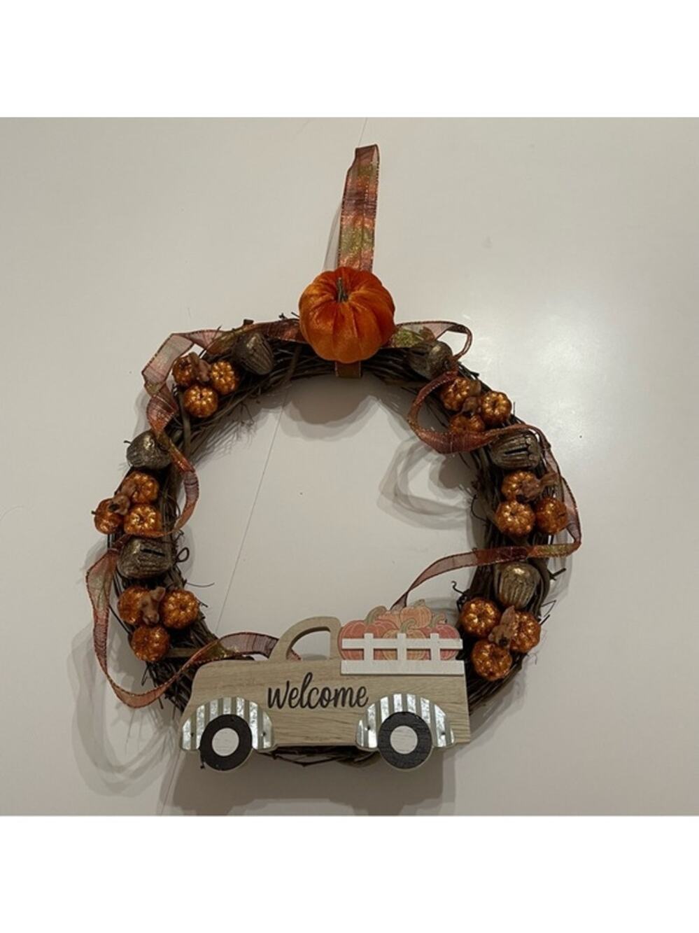 Handmade Pumpkin Truck Wreath 13" Fall Welcome Decor